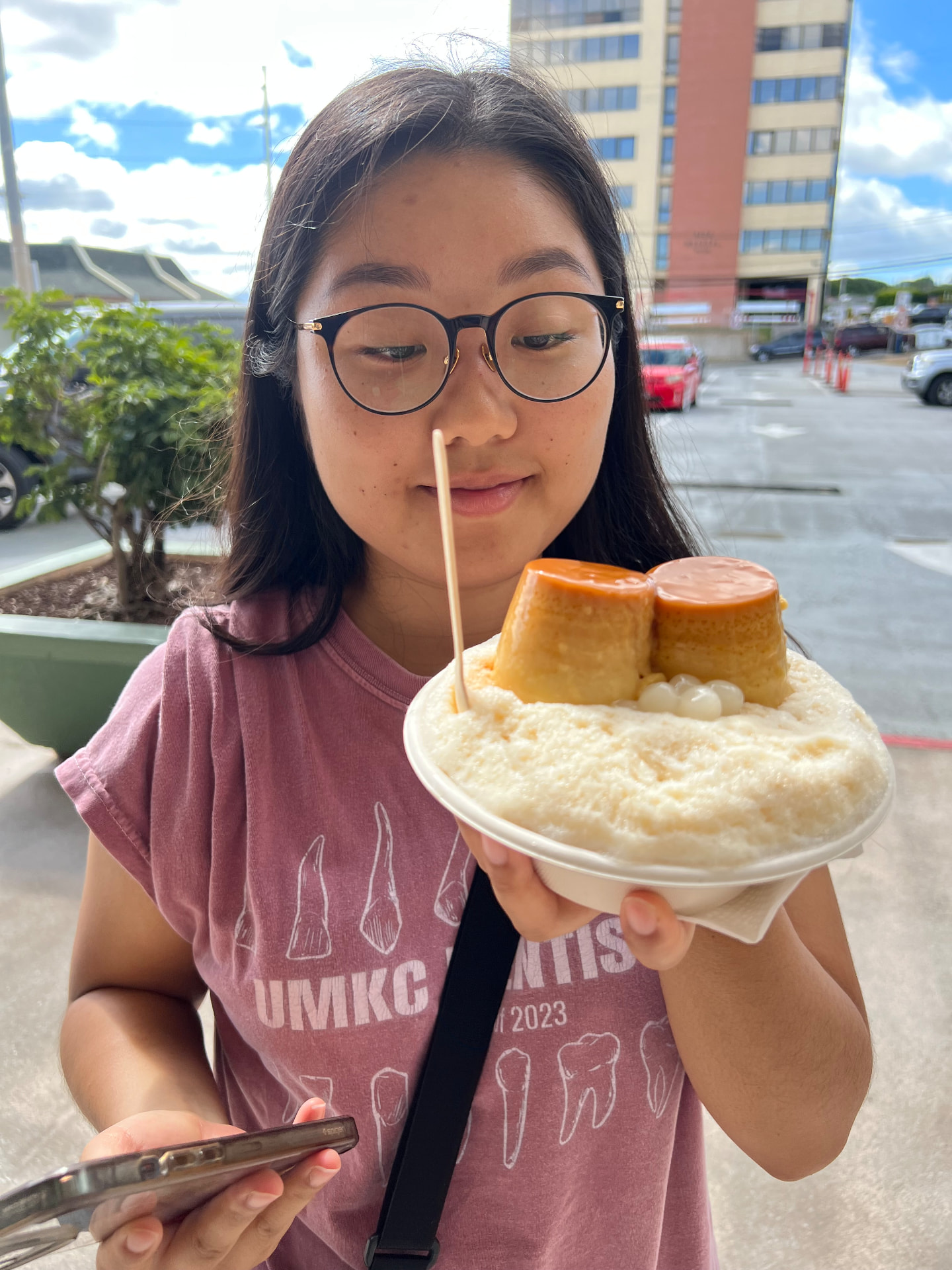 Shave ice topped with flan and mochi balls in Honolulu