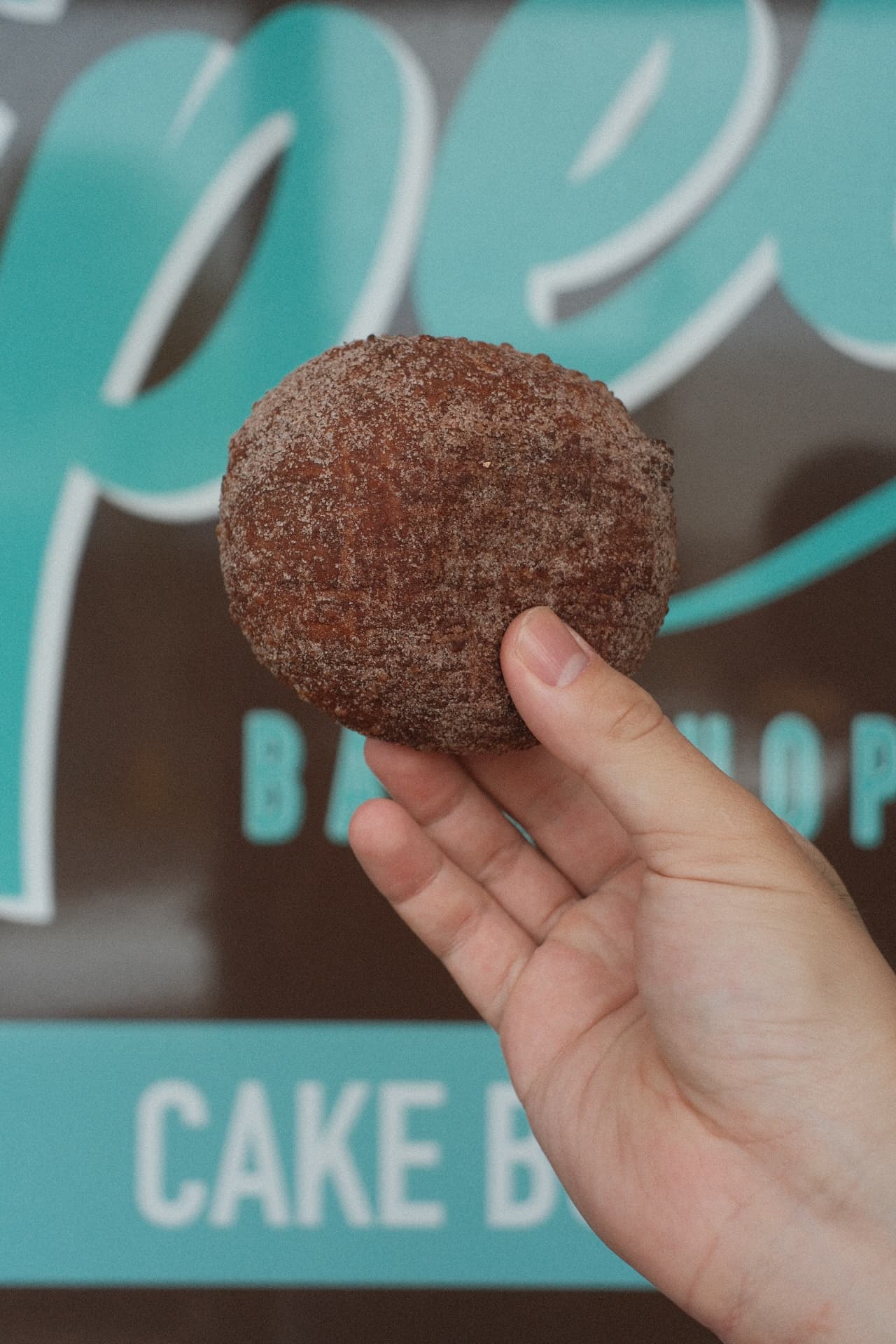 A hand-held, sugar-dusted malasada ready for the first bite
