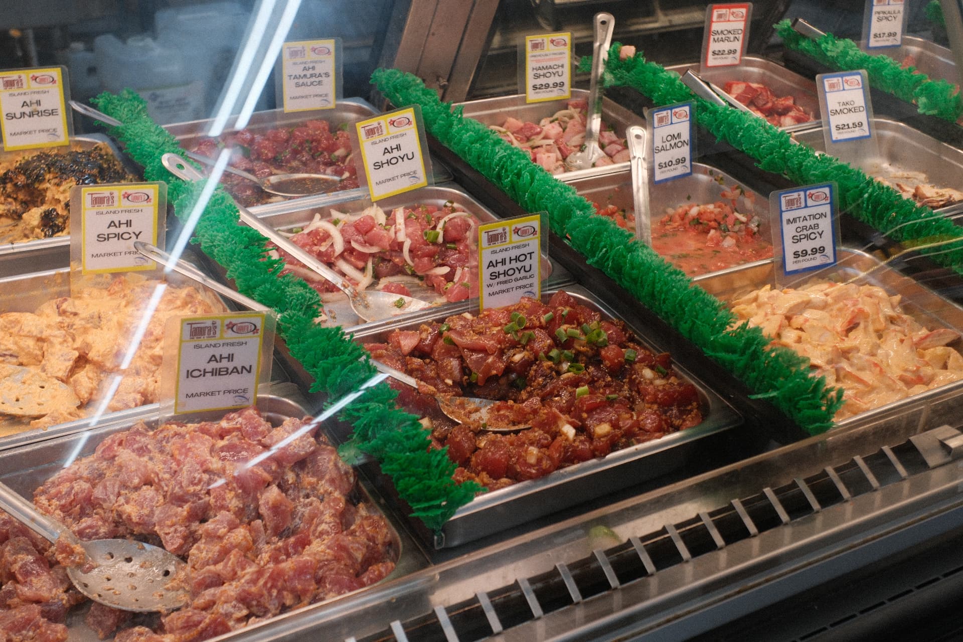 A full poke case at Tamura's with island-fresh ahi and local flavors